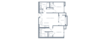 A floor plan of a house with a living room, dining room, kitchen, and two bedrooms.