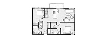 A floor plan of a house with a kitchen, living room, and two bedrooms.