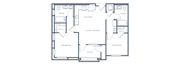 A floor plan of a house with two bedrooms, a living area, kitchen, and bathrooms.