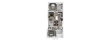 A floor plan of a small apartment with a kitchen, living room, and bedroom.