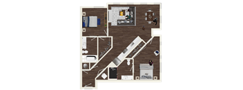 A top-down view of a house layout with a kitchen, living room, and bedrooms.