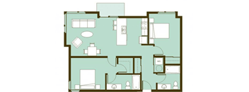 A floor plan of a house with a kitchen, living room, and two bedrooms.