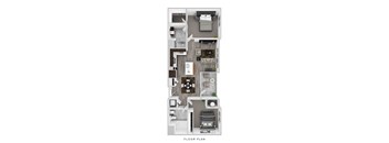 A floor plan of a small apartment with a kitchen, living room, and bathroom.