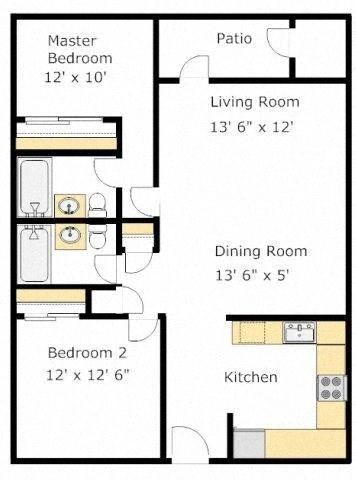 B3 2 Bedroom 2 Bathroom Floor Plan at Del Norte Place Apartment Homes, El Cerrito, CA