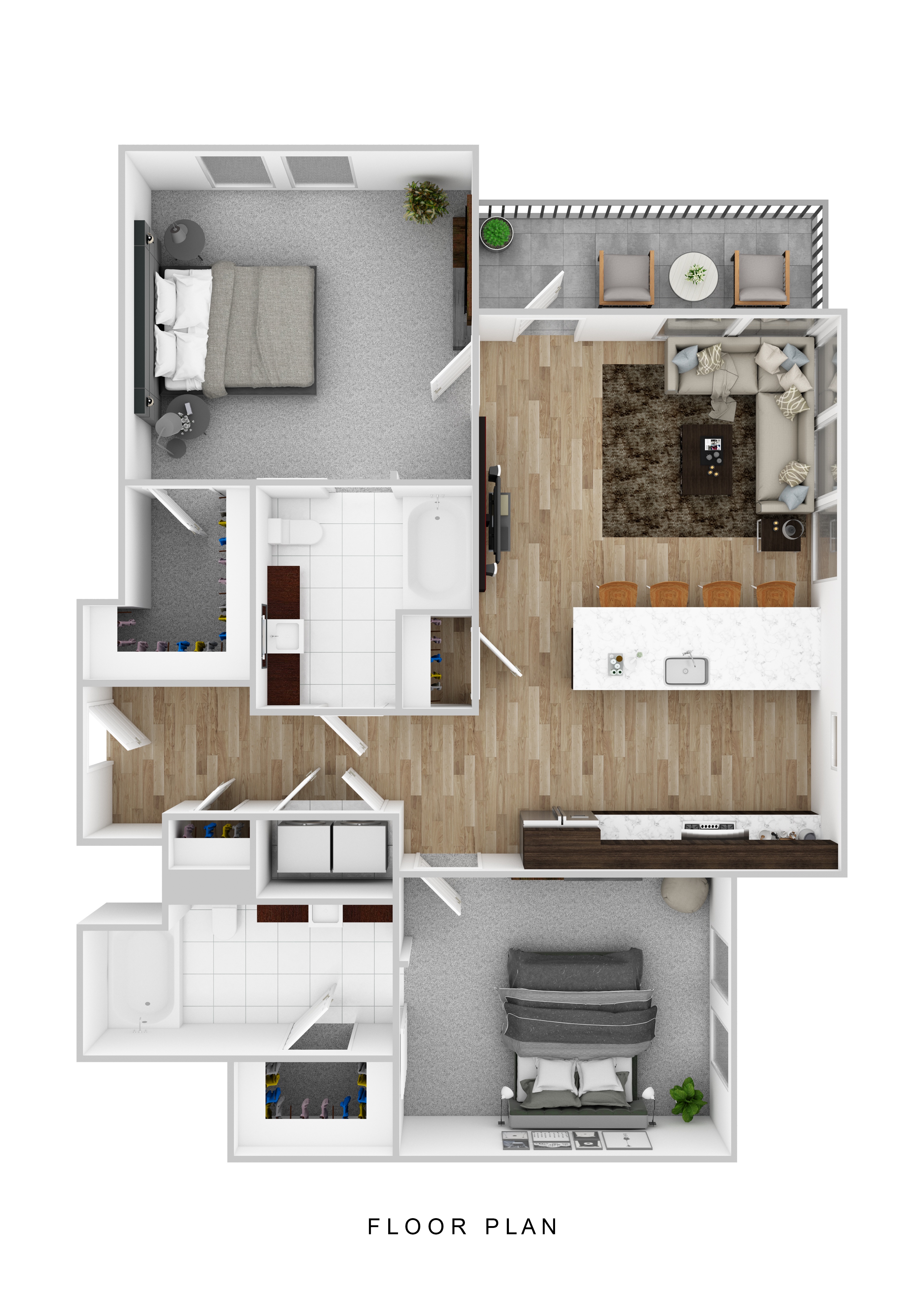 A floor plan of a small apartment with a kitchen, living room, and bedroom.