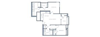 A floor plan of a house with a living room, kitchen, two bedrooms, and a bathroom.