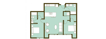 A floor plan of a house with a kitchen, living room, and two bedrooms.