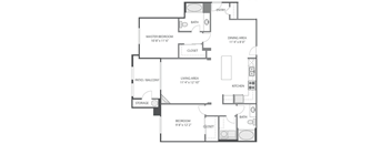 A floor plan of a house with a master bedroom, a living area, a dining area, a kitchen, a patio, a bath, a closet, and a storage space.