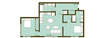 A floor plan of a house with a kitchen, living room, and two bedrooms.