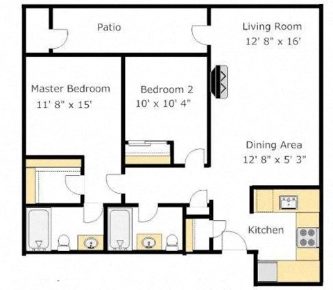 B5 2 Bed 2 Bath Floor Plan at Del Norte Place Apartment Homes, El Cerrito, CA