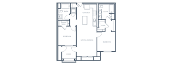 A floor plan of a house with two bedrooms, a living/dining area, a kitchen, a bathroom, a pantry, and a patio.
