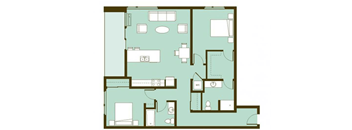 A floor plan of a house with a kitchen, living room, and two bedrooms.