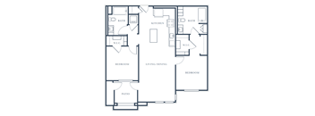 A floor plan of a house with two bedrooms, a living/dining area, a kitchen, two bathrooms, and a patio.