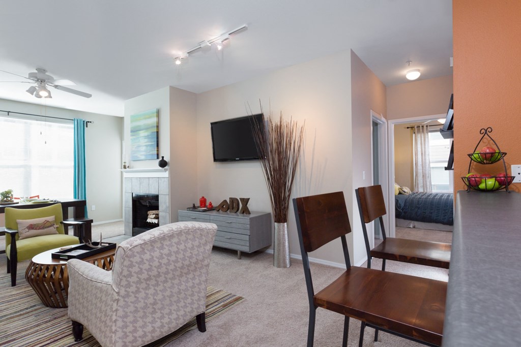 Fireplace in Living Room at Thorncroft Farms Apartments, OR, 97124