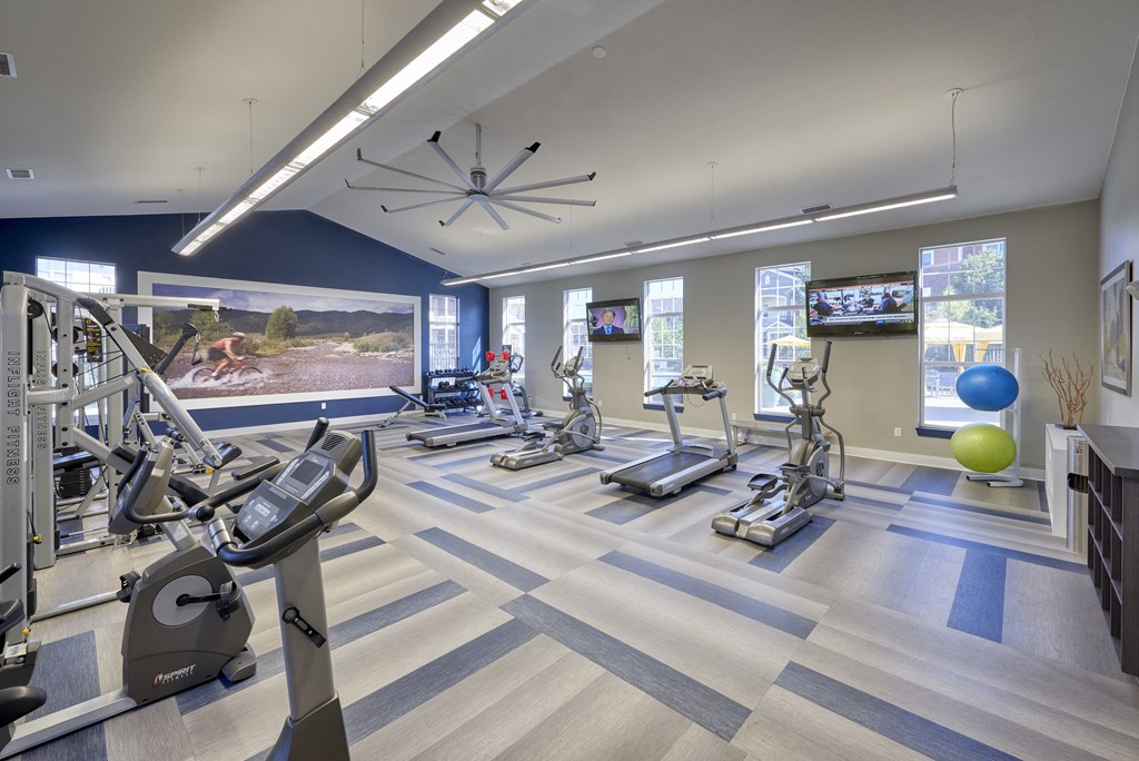 a gym with treadmills and other exercise equipment and a tv on the wall