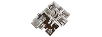 A 3D floor plan of a house with multiple rooms and furniture.