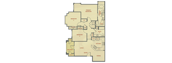 A floor plan of a house with labeled rooms such as Bedroom 2, Bath 2, Kitchen, and Dining.