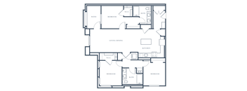 A black and white image of a house floor plan with a living/dining area, kitchen, and three bedrooms.