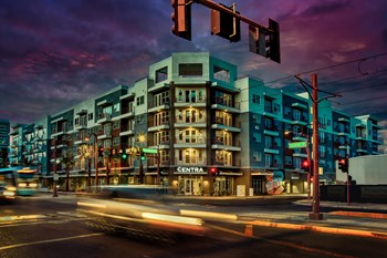 Exterior at night at Centra Apartments in Phoenix
