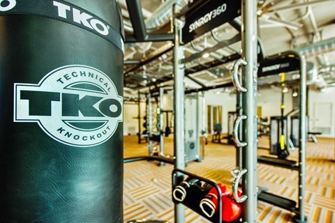A gym with a TKO punching bag and a weight machine.