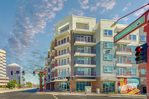 A street view of a multi-story building with the sign "Central Motown" on the ground floor.