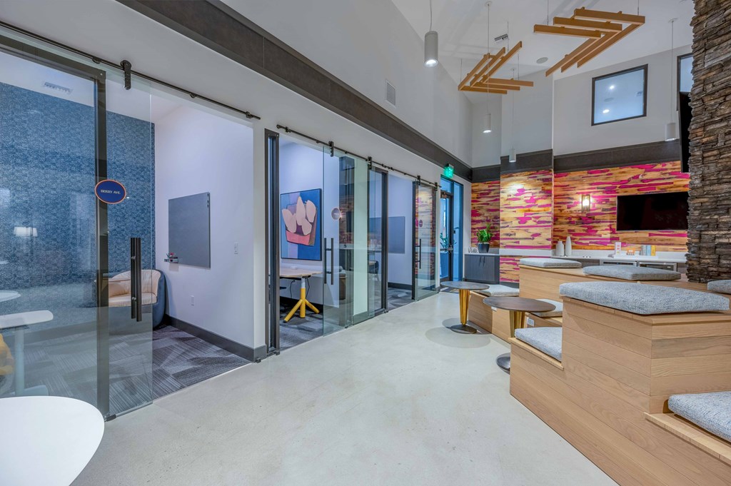 Modern coworking space with private offices and meeting rooms