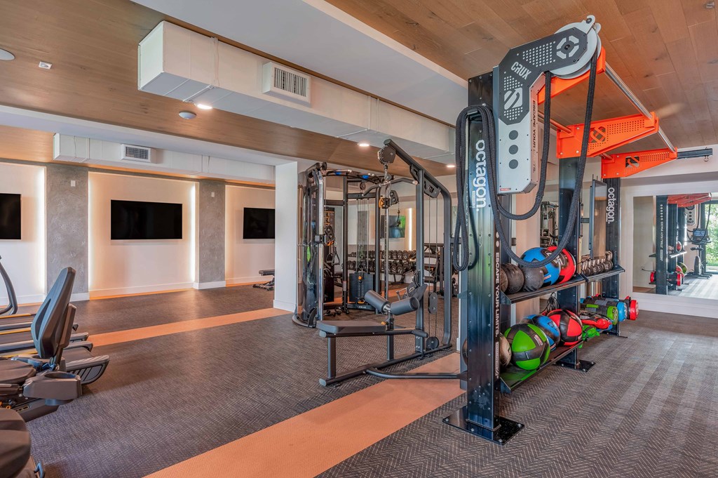 A gym with a variety of equipment including a squat rack and weight bench.