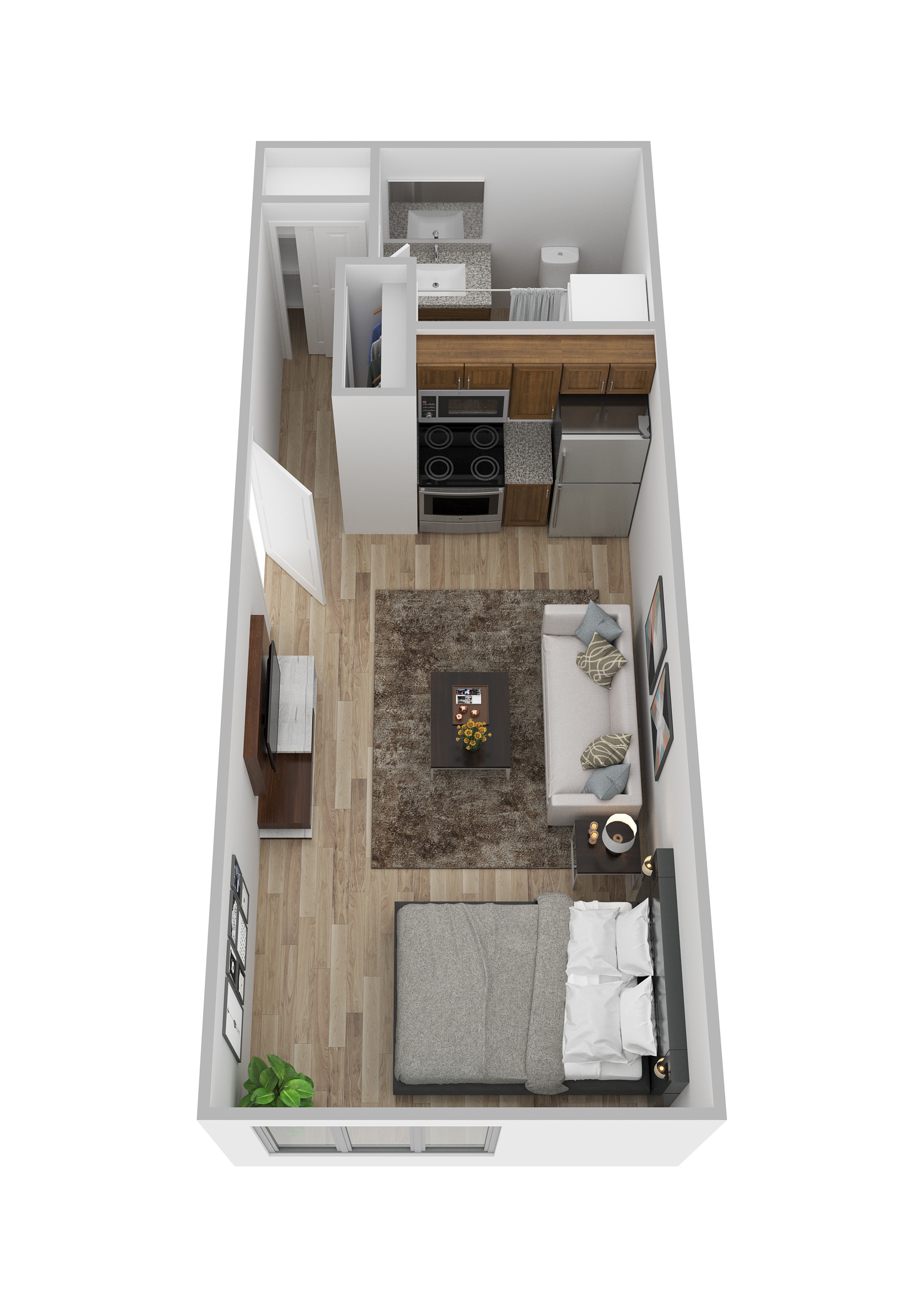 A top down view of a small apartment with a living room, kitchen, and bedroom.