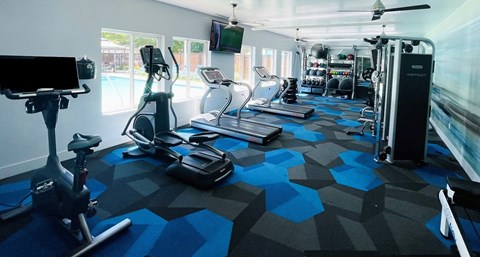 a gym with cardio equipment and a flat screen tv