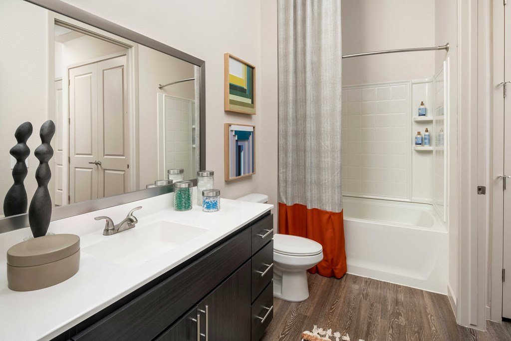 a bathroom with a sink and a toilet and a shower