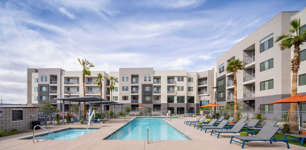 our apartments have a large swimming pool with lounge chairs
