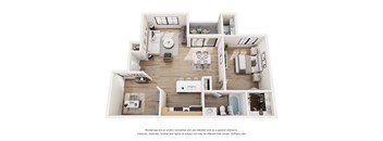 A 3D floor plan of a house with a kitchen, living room, and bathroom.