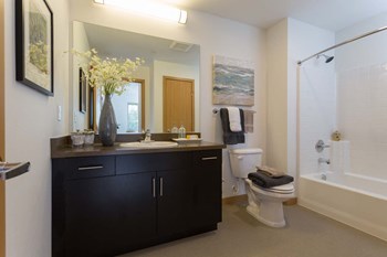 Large Soaking Tub In Master Bathroom With A Tile Surround at Tivalli Apartments, Lynnwood - Photo Gallery 9