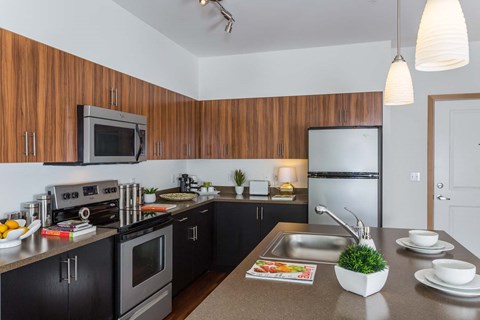 a kitchen with black cabinets and stainless steel appliances