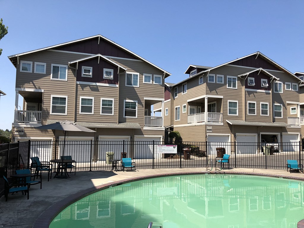 Chairs and Table on Sundeck near Pool at Westview Heights Apartments, 18301 NW Chemeketa Lane, OR