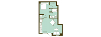 A floor plan of a house with a kitchen, living room, and bathroom.
