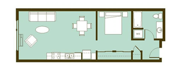 A floor plan of a house with a kitchen, living room, and dining area.