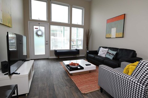 a living room with a couch and a coffee table and a television