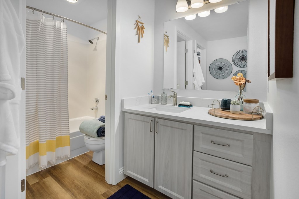 A bathroom with a white vanity and a mirror above it.