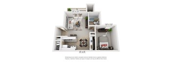 A floor plan of a small apartment with a kitchen, living room, and bedroom.