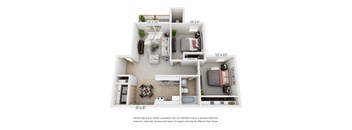 A 3D floor plan of a house with labeled dimensions.