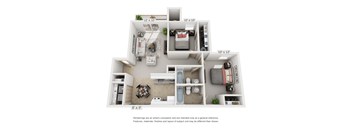 A floor plan of an apartment with a living room, kitchen, and two bedrooms.