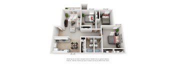 A floor plan of a two-bedroom apartment with a living room, kitchen, and bathroom.