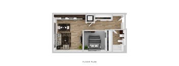 A floor plan of a small apartment with a living room, kitchen, and bedroom.