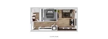 A floor plan of a room with a bed, couch, and television.