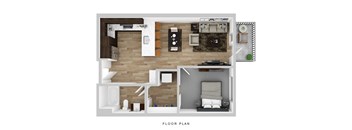 A floor plan of a small apartment with a living room, kitchen, and bathroom.
