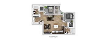 A floor plan of a house with a living room, kitchen, and bedrooms.