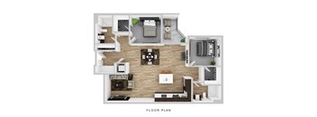 A floor plan of a house with a kitchen, living room, and bedrooms.