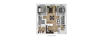 A floor plan of a house with a living room, kitchen, and two bedrooms.