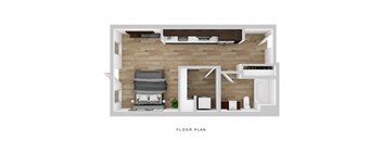 A floor plan of a room with a couch, chair, and a plant.
